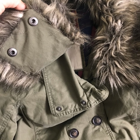 Hollister Army Green Removable Fur Trim Button Up Utility Jacket Coat Women Sz L - Picture 11 of 16